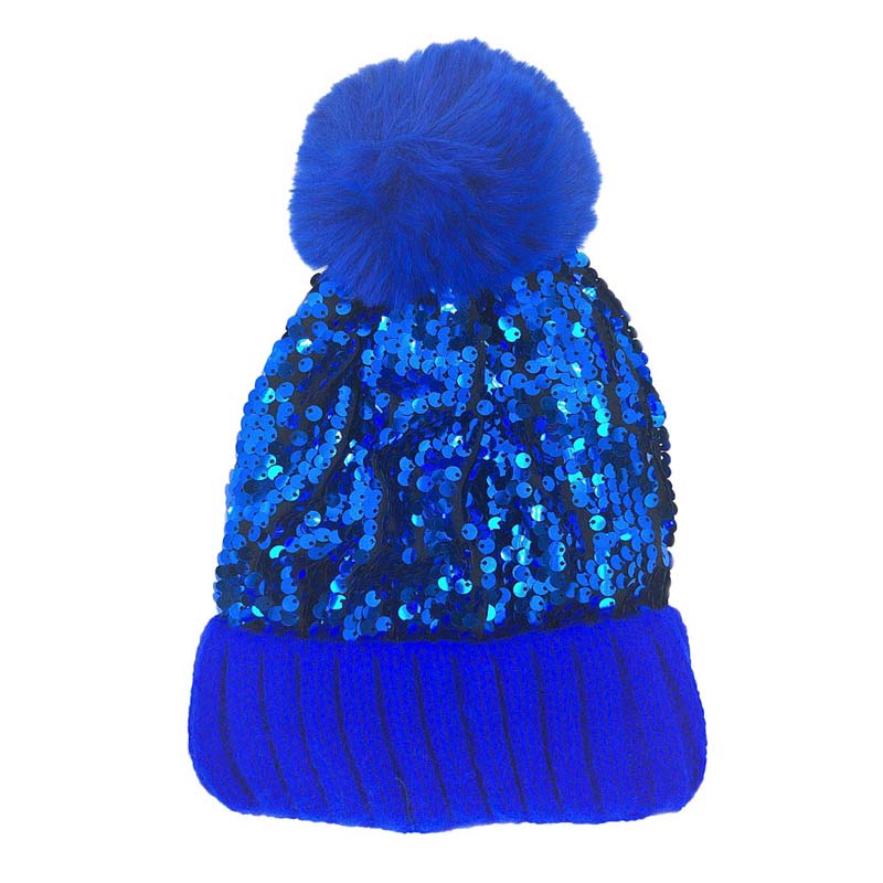 Royal Blue Sequin Pom Pom Knit Beanie Hat, Knitted Beanie is designed with sequins and pom pom, chic and lovely, to make you more charming and attractive in autumn and winter. The beanie hat for women is made from high-quality material and sequins, which is chunky and warm, making it ideal for winter warmth, while be stylish in the crowds at the same time.