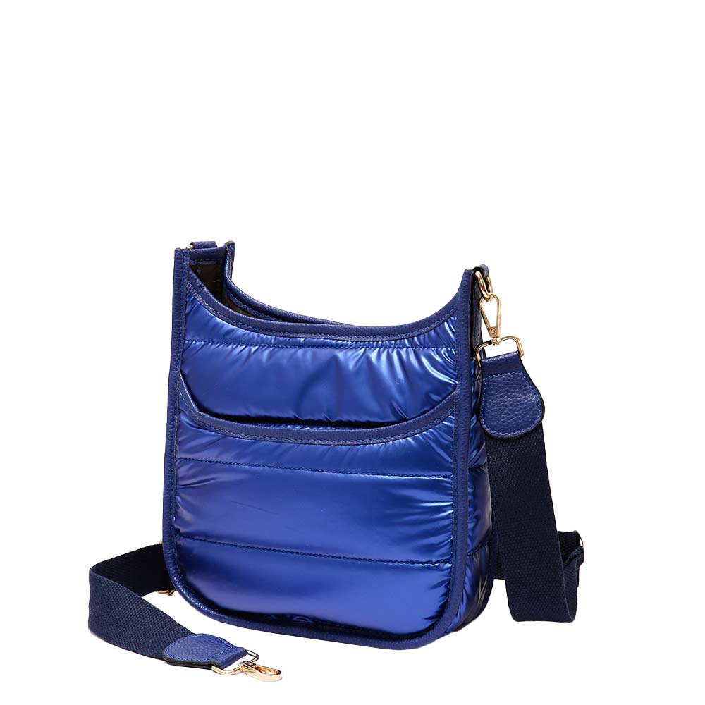 Royal Blue Solid Quilted Shiny Puffer Mini Crossbody Bag, Complete the look of any outfit on all occasions with this Shiny Puffer Mini Crossbody. these mini bag offers enough room for your essentials. With a One Inside Zipper Pocket, three two inside slip pockets and a secured Magnetic Closure at the top, this bag will be your new go to! These beautiful and trendy Crossbody have adjustable and detachable hand straps that make your life more comfortable.