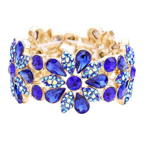 Royal Blue Teardrop Stone Accented Flower Stretch Evening Bracelet, is the perfect reflection of absolute royalty and perfect class that will amp up your look and drags everyone's attention on special occasions. Show your confidence and trendy choice with this beauty and complete your ensemble with a luxurious look. Perfect for adding just the right amount of shimmer & shine and a touch of class to special events.