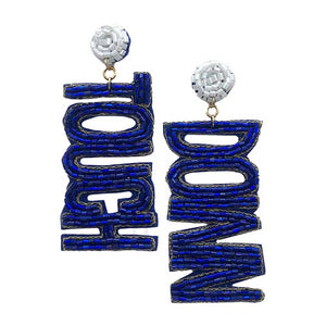 Royal Blue White Felt Back Touch Down Message Beaded Dangle Earrings. Gift someone or yourself these ultra-chic earrings, they will take your look up a notch, these sports themed earrings versatile enough for wearing straight through the week, coordinate with any ensemble from business casual to wear, the perfect addition to every outfit. Perfect jewelry gift to expand a woman's fashion wardrobe with a modern, on trend style.