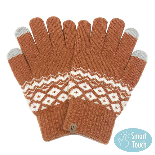 Rust Geometric Patterned Knit Smart Gloves, Before running out the door into the cool air, you’ll want to reach for these toasty gloves to keep your hands incredibly warm. Accessorize the fun way with these fashionable gloves, it's the autumnal touch you need to finish your outfit in style. Awesome winter gift accessory!