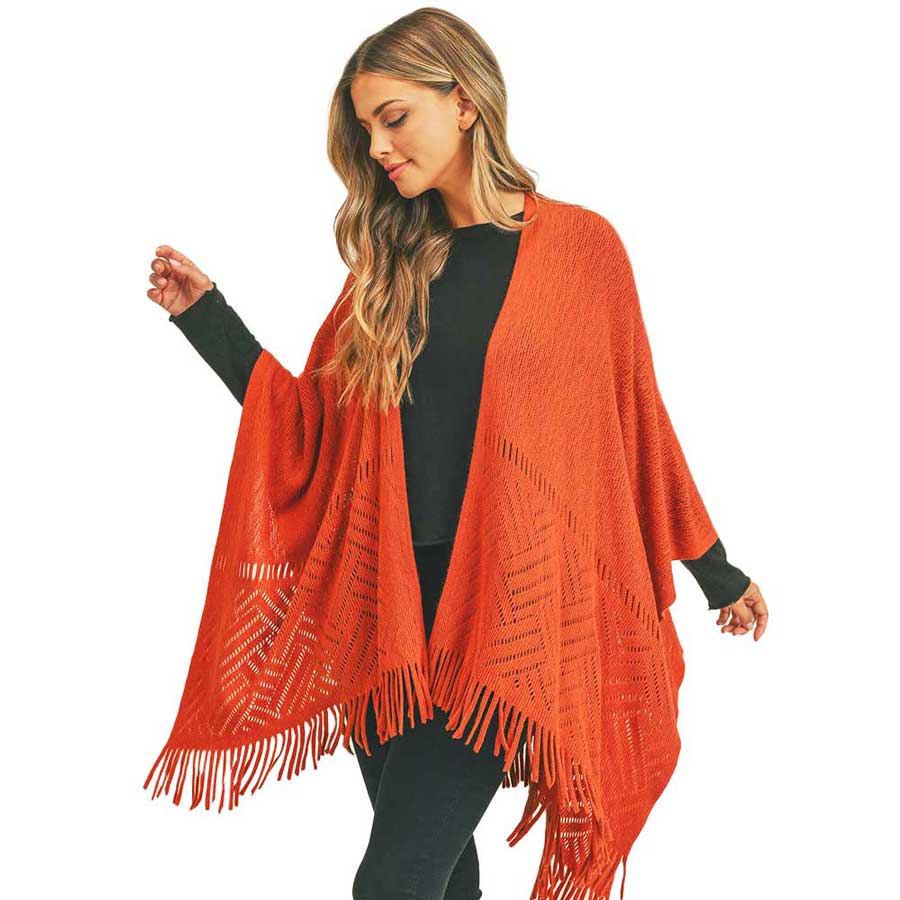 Rust Herringbone Knit Fringe Ruana, With this lovely ruana shawl, you can draw attention to the contrast of different outfits. Herringbone Pattern With Fringe Design that Gives it a unique decorative and modern look. Match well with jeans and T-shirts or vest, A fashionable eye catcher, will quickly become one of your favorite accessories, warm and goes with all your winter outfits.