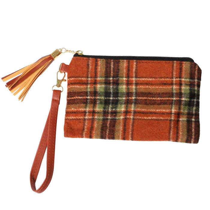 Rust Plaid Check Wristlet Pouch Bag. Show your trendy side with this awesome pouch bag Whether you are out shopping, going to the pool or beach, this pouch bag is the perfect accessory. Spacious enough for carrying any and all of your belongings and essentials. Perfect Birthday Gift, Anniversary Gift, Just Because Gift, Mother's day Gift. 