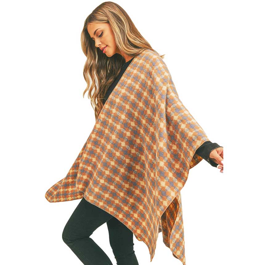Rust Trendy Plaid Check Pattern Ruana, the perfect accessory, luxurious, trendy, super soft chic capelet, keeps you warm and toasty. You can throw it on over so many pieces elevating any casual outfit! Match well with jeans and T-shirts with these poncho ruana, Stay trendy and comfortable! Have it for your winter wardrobe with out any doubt.  Awesome winter gift accessory!