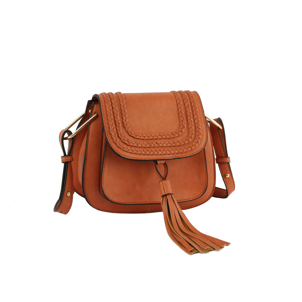 Rust Vegan Leather Satchel Crossbody Bag with Fringe Detail, This fringe detail crossbody bag is an absolute must-have accessory! It is a stunning satchel with different colors including a hanging tassel, braided details, a zipper pocket inside, and adjustable straps. An absolutely supportive bag for carrying handy items and daily accessories, country and Western!