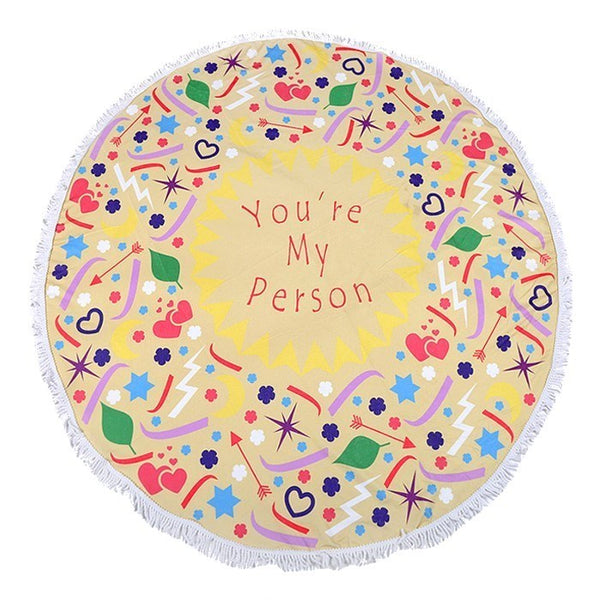 "You're my Person" Heart Round Beach Terry Towel / Blanket / Throw great for relaxing under the sun, it’s time to enjoy those summertime vibes with a fun beach vacay!  • Color : Yellow • Heart, Tassel  • Size : 60" X 60" • Material : 100% Cotton (Terry Towel) • Weight : 600 g • Beach Towel, Blanket, Throw