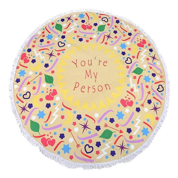 "You're my Person" Heart Round Beach Terry Towel / Blanket / Throw great for relaxing under the sun, it’s time to enjoy those summertime vibes with a fun beach vacay!  • Color : Yellow • Heart, Tassel  • Size : 60" X 60" • Material : 100% Cotton (Terry Towel) • Weight : 600 g • Beach Towel, Blanket, Throw