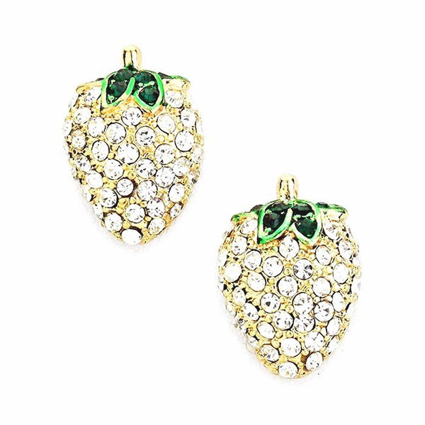 Crystal Embellished Strawberry Stud Earrings. Strawberry design for a delicate dose of feminine flair. Collection: Fruit• Color: Clear/Gold & Clear/Rhodium• Size : 0.5" W, 0.75" L• Post Back