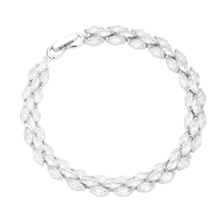 Silver CZ Marquise Cluster Evening Bracelet. With its elegant design, this bracelet adds a feminine accent to any style. Pair it with your casual or formal attire. Get ready with these bright stunning fashion bracelets, put on a pop of shine to complete your ensemble. These CZ cluster bracelets are perfect for Party, Wedding and Evening.