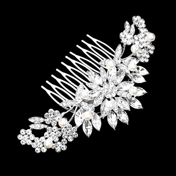 SIlver Pearl Pointed Flower Leaf Hair Comb. Adding just the right amount of shimmer & shine, will add a touch of class, beauty and style to your wedding, prom, special events, embellished pearl stone to keep your hair sparkling all day & all night long. The elegant design will enhance your beauty, attracting everyone's attention and transforming you into a bright star to wear with this hair comb.