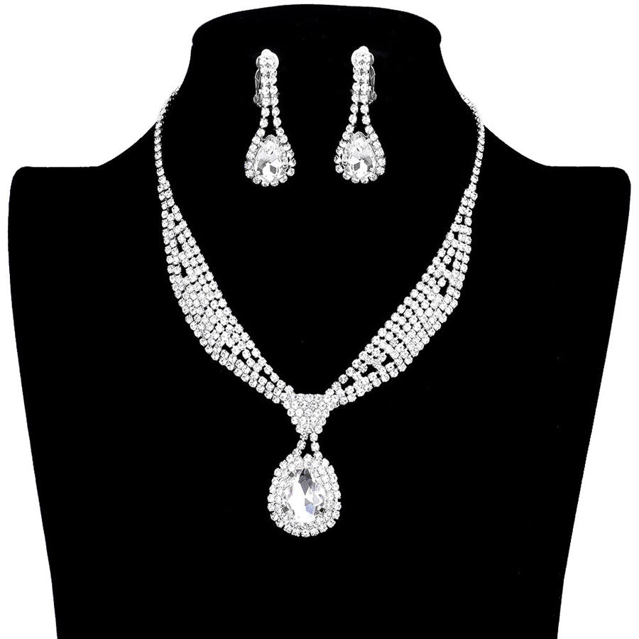 Silver Rhinestone Pave Teardrop Collar Necklace & Clip Earring Set, stunning jewelry set will sparkle all night long making you shine out like a diamond. perfect for a night out on the town or a black tie party, Perfect Gift, Birthday, Anniversary, Prom, Mother's Day Gift, Sweet 16, Wedding, Quinceanera, Bridesmaid.