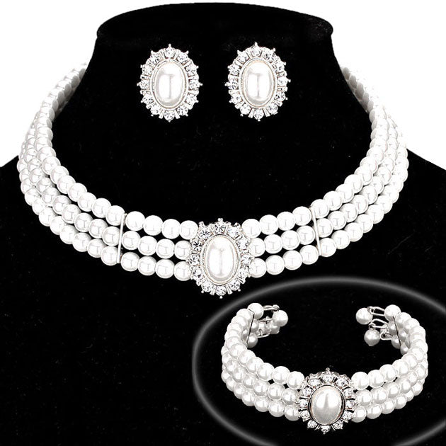 Silver White Rhinestone Trimmed Pearl Necklace Jewelry Set. Wear together or separate according to your event with different outfits to add perfect luxe and class with incomparable beauty.  Perfectly lightweight for wear. coordinate with any ensemble from business casual. A wonderful gift for birthdays, anniversaries, Valentine‚Äö√Ñ√¥s Day, or any special occasion. Have a praiseworthy look.