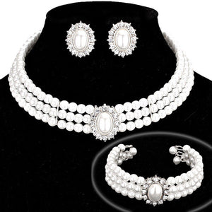 Silver White Rhinestone Trimmed Pearl Necklace Jewelry Set. Wear together or separate according to your event with different outfits to add perfect luxe and class with incomparable beauty.  Perfectly lightweight for wear. coordinate with any ensemble from business casual. A wonderful gift for birthdays, anniversaries, Valentine’s Day, or any special occasion. Have a praiseworthy look.