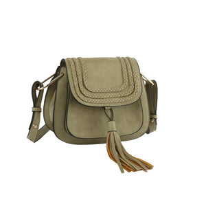 Sage Vegan Leather Satchel Crossbody Bag with Fringe Detail, This fringe detail crossbody bag is an absolute must-have accessory! It is a stunning satchel with different colors including a hanging tassel, braided details, a zipper pocket inside, and adjustable straps. An absolutely supportive bag for carrying handy items and daily accessories, country and Western!