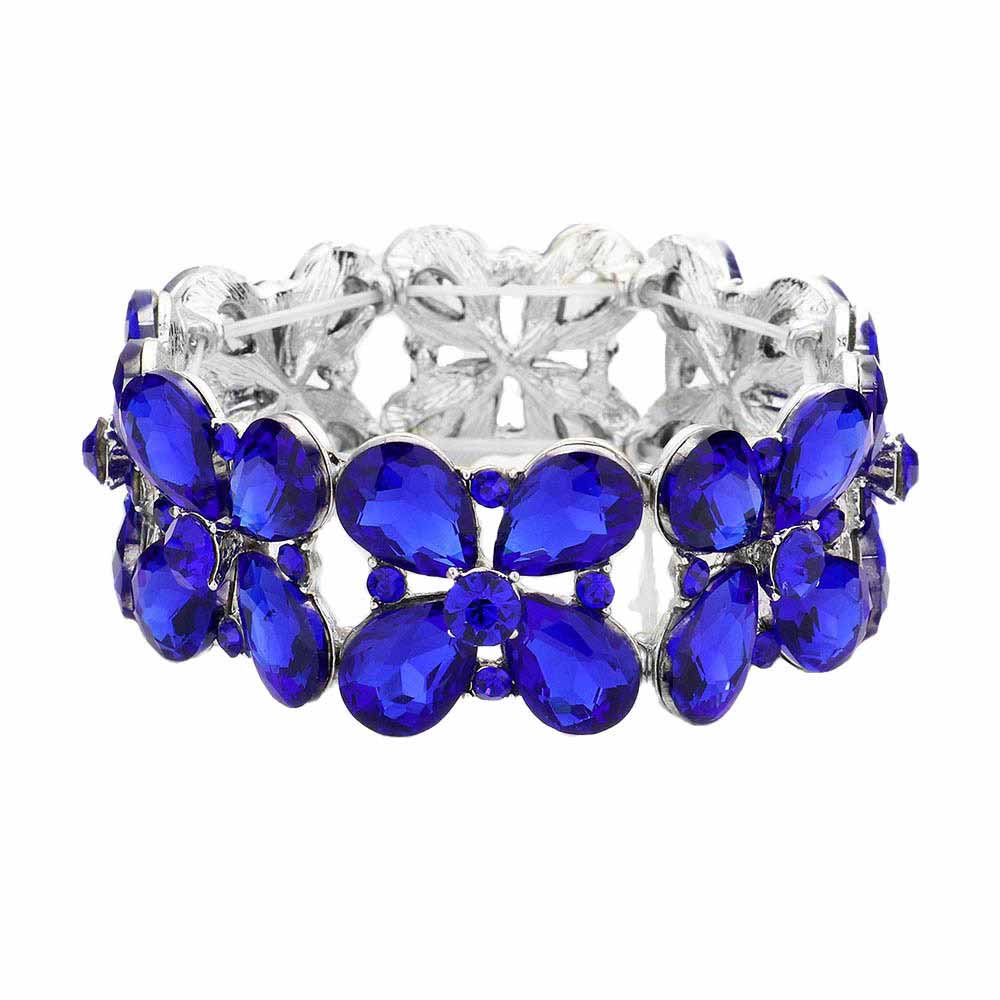 Sapphire Floral Teardrop Glass Crystal Stretch Evening Bracelet, this Crystal Stretch Bracelet sparkles all around with it's surrounding round stones, stylish stretch bracelet that is easy to put on, take off and comfortable to wear. It looks so pretty, brightly, and elegant on any special occasion. Jewelry offers a wide variety of exquisite jewelry for your Party, Prom, Pageant, Wedding, Sweet Sixteen, and other Special Occasions! Stay gorgeous wearing this stunning floral design stretch bracelet.