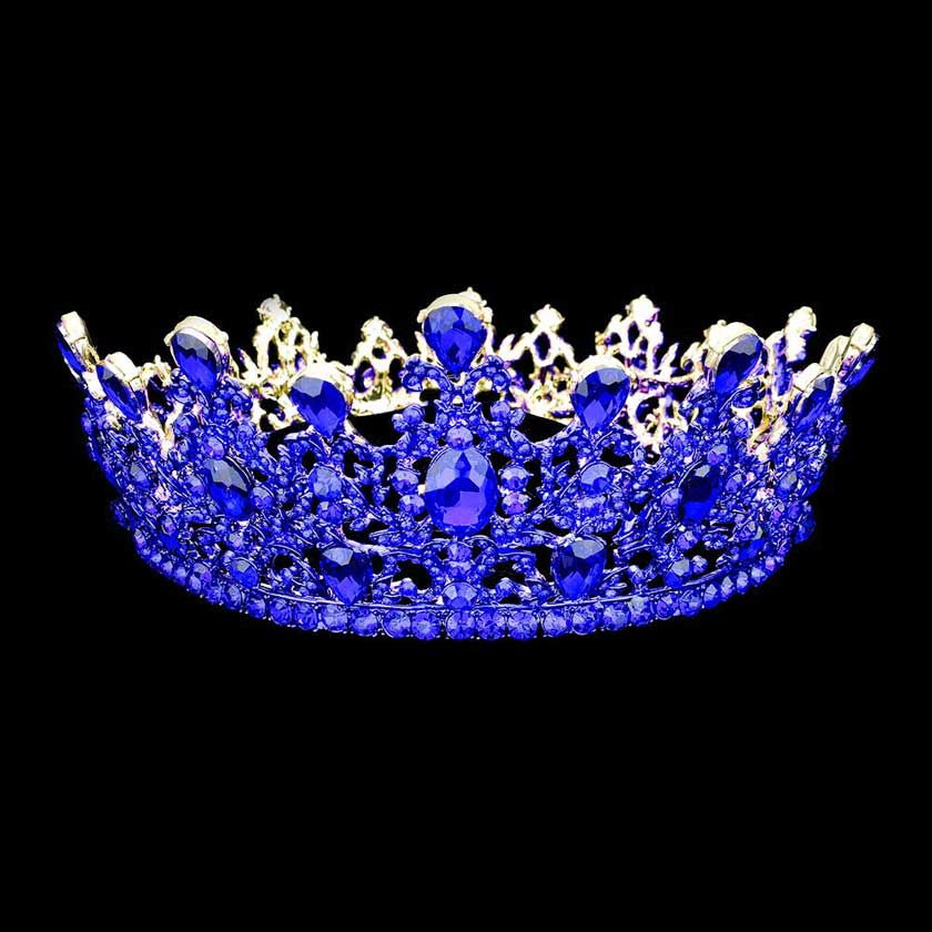 Sapphire Gold Round Teardrop Stone Accented Princess Tiara, This princess tiara is a classic royal tiara made from gorgeous stone accented is the epitome of elegance. Exquisite design with stunning color and brightness makes you more eye-catching in the crowd and will make you more charming and pretty without fail.