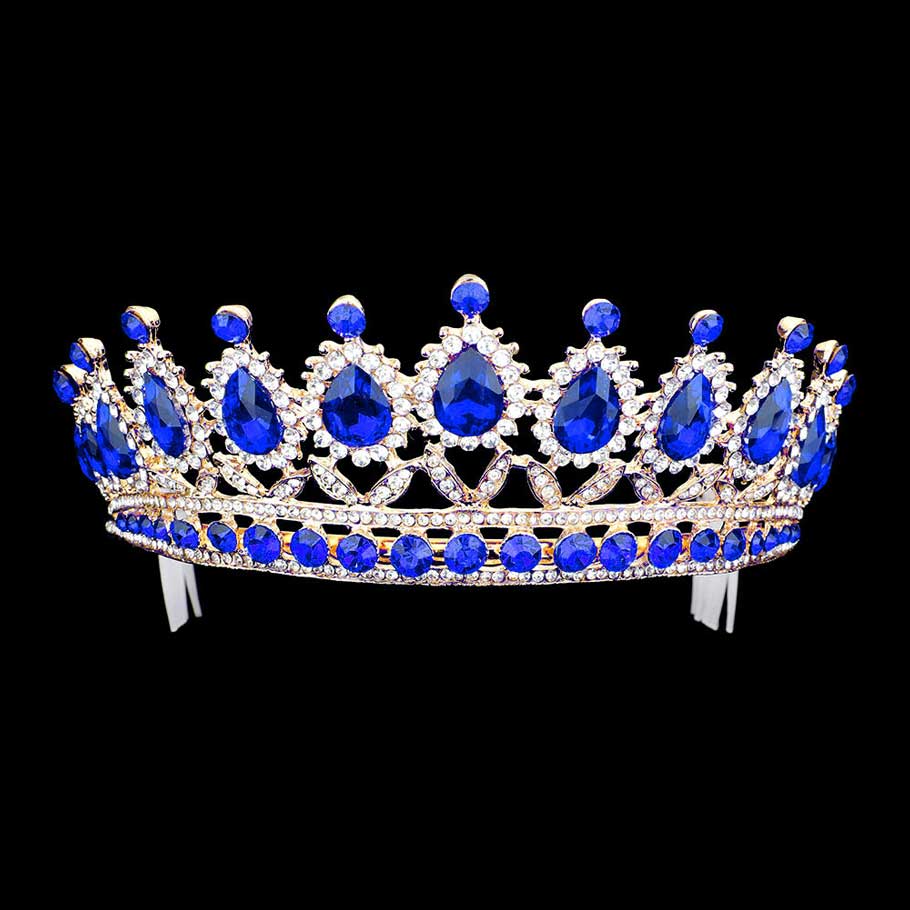 Sapphire Gold Teardrop Stone Accented Princess Tiara, this princess tiara is a classic royal tiara made from gorgeous stone accented is the epitome of elegance. Exquisite design with gorgeous color and brightness, makes you more eye-catching in the crowd and also it will make you more charming and pretty without fail.