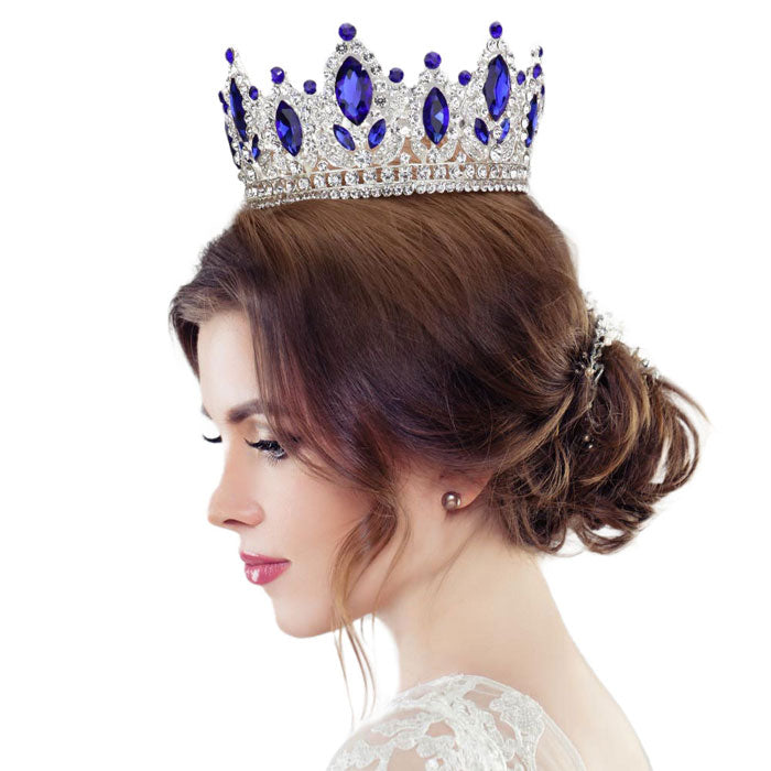 Sapphire Marquise Accented Pageant Stone Crown Tiara, this tiara features precious stones and an artistic design. Makes You More Eye-catching in the Crowd. Perfect for adding just the right amount of shimmer & shine, will add a touch of class, beauty and style to your wedding. Suitable for Wedding, Engagement, Prom, Dinner Party, Birthday Party, Any Occasion You Want to Be More Charming.