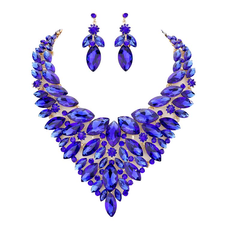 Sapphire Marquise Stone Cluster Statement Evening Necklace, These gorgeous marquise stone cluster jewelry sets will show your perfect beauty & class on any special occasion. The elegance of these stones goes unmatched. Great for wearing at a party, wedding, wedding showers, birthdays, prom, graduation, anniversaries, etc. Perfect for adding just the right amount of glamour and sophistication to important occasions.
