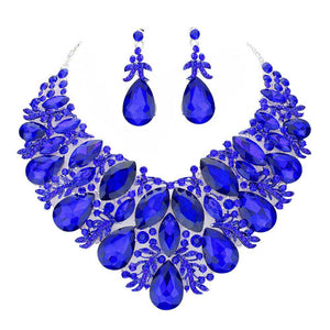 Sapphire Marquise Teardrop Stone Accented Leaf Evening Necklace. Wear together or separate according to your event, versatile enough for wearing straight through the week, perfectly lightweight for all-day wear, coordinate with any ensemble from business casual to everyday wear, the perfect addition to every outfit. Perfect Birthday Gift, Anniversary Gift, Mother's Day Gift, Valentine's Day Gift.