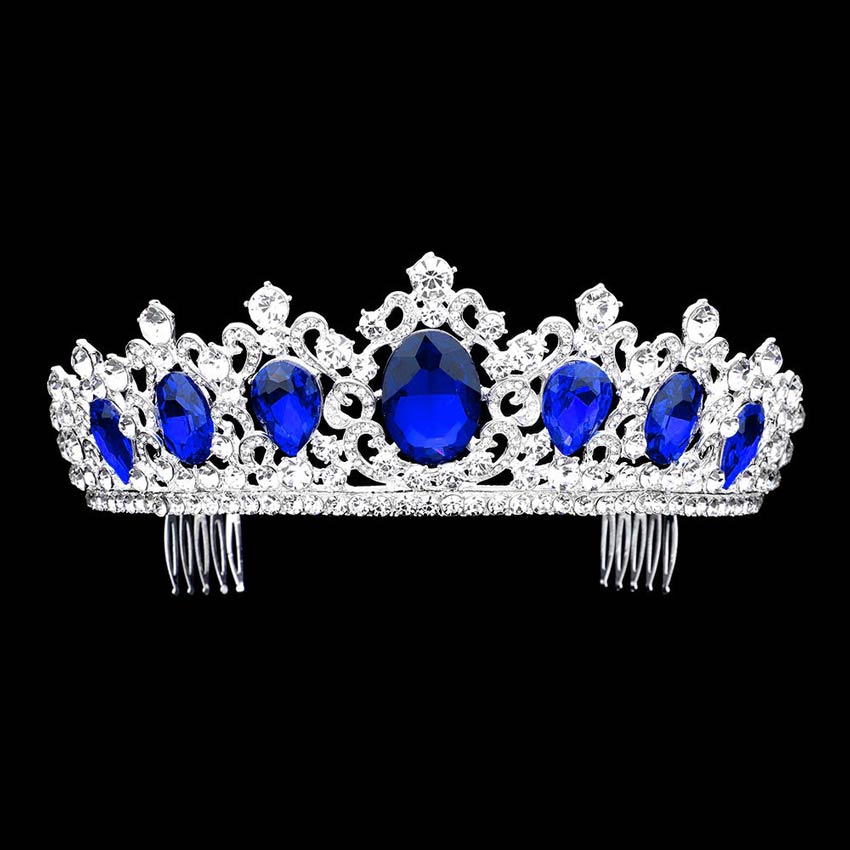 Sapphire Oval Teardrop Stone Accented Princess Tiara, this teardrop stone princess tiara is made of awesome teardrop stones that make you more gorgeous and luxurious on special occasions. Perfect for adding just the right amount of shimmer & shine, will add a touch of class, beauty and style to your special events. It is charming, beautiful and will make a magnificent finishing touch for any hairstyle. Show your royalty with this Teardrop Princess Tiara.