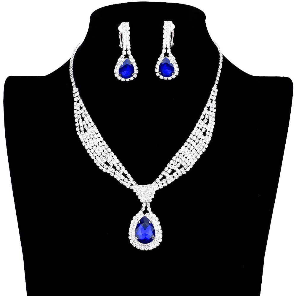 Sapphire Rhinestone Pave Teardrop Collar Necklace & Clip Earring Set, stunning jewelry set will sparkle all night long making you shine out like a diamond. perfect for a night out on the town or a black tie party, Perfect Gift, Birthday, Anniversary, Prom, Mother's Day Gift, Sweet 16, Wedding, Quinceanera, Bridesmaid.
