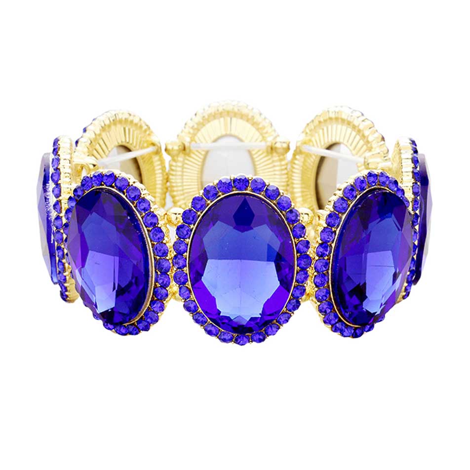 Sapphire Rhinestone Trim Oval Crystal Stretch Evening Bracelet, brings a gorgeous glow to your outfit to show off royalty on any special occasion. It's a perfect beauty that highlights your appearance and grasps everyone's eye on any special occasion. Is a glowing and sparkling beauty that is perfect to show off your glowing look and enrich your beauty to a greater extent.