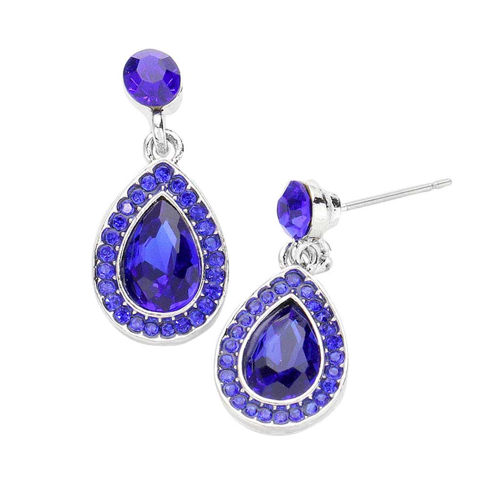 Sapphire Rhinestone Trim Teardrop Stone Dangle Evening Earrings, This teardrop dangle earrings put on a pop of color to complete your ensemble. Beautifully crafted design adds a gorgeous glow to any outfit. Luminous Teardrop Stone and sparkling rhinestones give these stunning earrings an elegant look. Perfect for adding just the right amount of shimmer & shine. Perfect for Birthday Gift, Anniversary Gift, Mother's Day Gift, Graduation Gift.