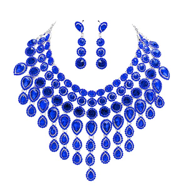 Sapphire Round Teardrop Stone Cluster Evening Bib Necklace, This gorgeous jewelry set will show your class on any special occasion. The elegance of these stones goes unmatched, great for wearing at a party! stunning jewelry set will sparkle all night long making you shine like a diamond on special occasions. Perfect jewelry to enhance your look and for wearing at parties, weddings, date nights, or any special event.