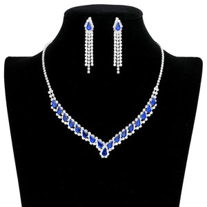Sapphire Teardrop Stone Accented Collar Rhinestone Pave Necklace, These gorgeous Rhinestone pieces will show your class on any special occasion. The elegance of these rhinestones goes unmatched. Brings a gorgeous glow to your outfit to show off royalty on any special occasion. Perfect for adding just the right amount of glamour and sophistication to important occasions. These classy Rhinestone Jewelry Sets are perfect for parties, Weddings, and Evenings.