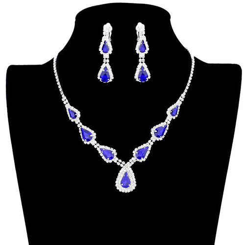 Teardrop Stone Accented Rhinestone Pave Necklace - Sapphire