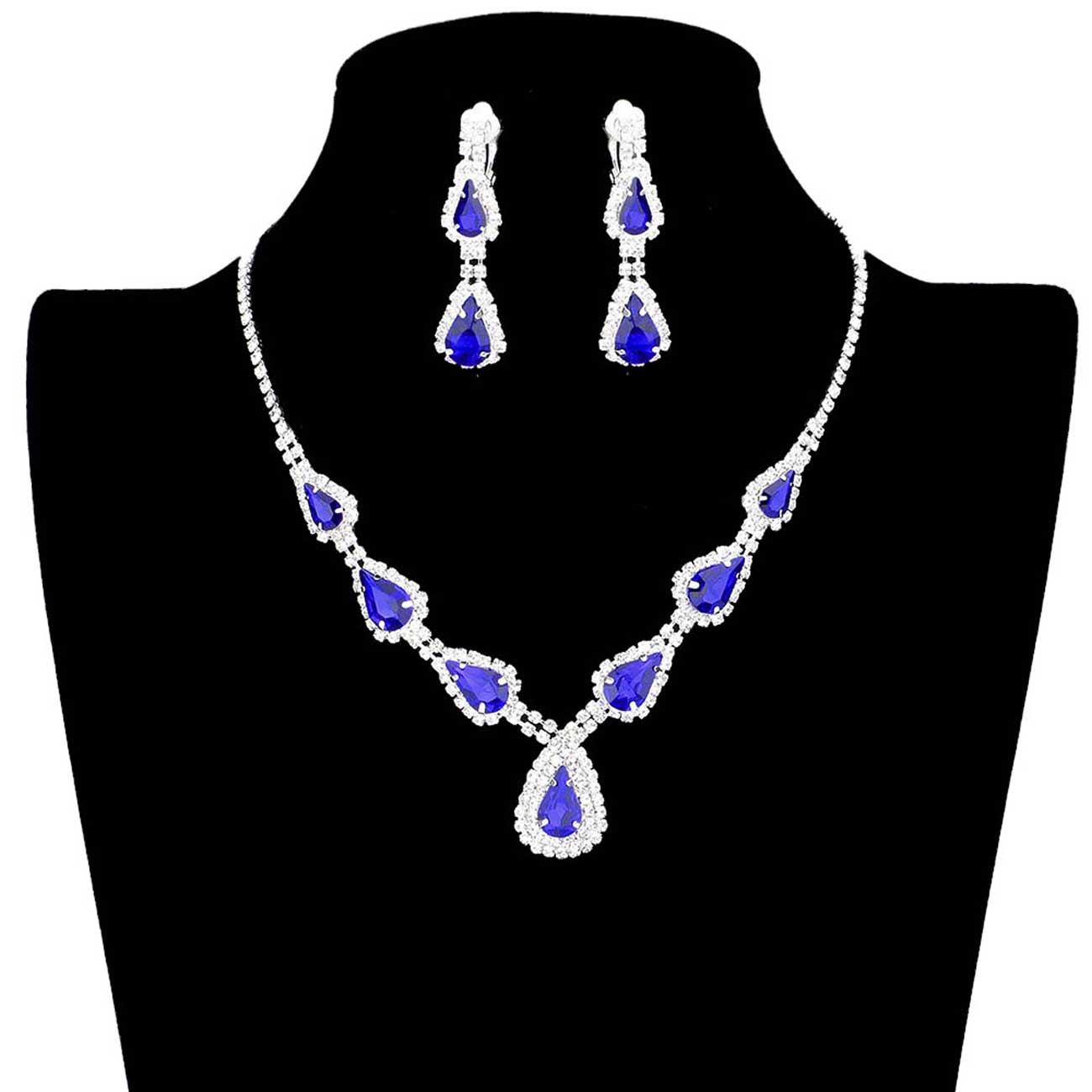 Sapphire Teardrop Stone Accented Rhinestone Pave Necklace, brings a gorgeous glow to your outfit to show off the royalty on any special occasion. These gorgeous Rhinestone pieces will show your class in any special occasion. The elegance of these Rhinestone goes unmatched, great for wearing at a party! Perfect jewelry to enhance your look. Awesome gift for birthday, Anniversary or any special occasion.