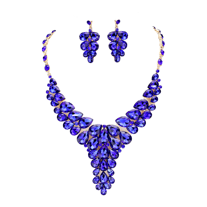 Sapphire Teardrop Stone Cluster Vine Evening Necklace Earring Set, designed to accent the neckline, oversized crystal dangle earrings, which are a perfect way to add sparkle to special occasions. A perfect gift for Birthday, Anniversary, Valentine's Day, Christmas, Navidad, Cumpleanos, Prom, Bridal, Quinceanera, Sweet 16, etc.