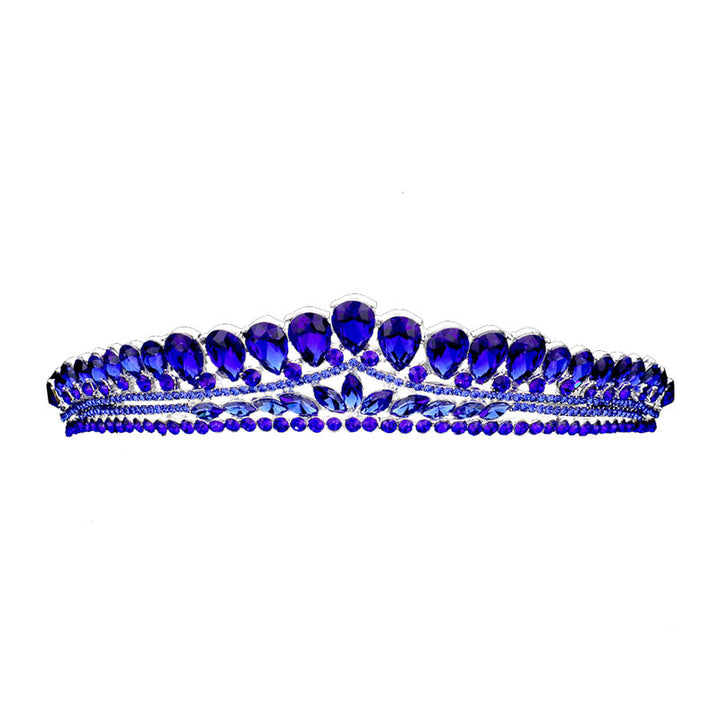 Sapphire Teardrop Cluster Detailed Princess Tiara. Perfect for adding just the right amount of shimmer & shine, will add a touch of class, beauty and style to your wedding, prom, special events, embellished glass crystal to keep your hair sparkling all day & all night long.