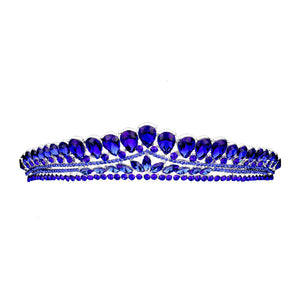 Sapphire Teardrop Cluster Detailed Princess Tiara. Perfect for adding just the right amount of shimmer & shine, will add a touch of class, beauty and style to your wedding, prom, special events, embellished glass crystal to keep your hair sparkling all day & all night long.