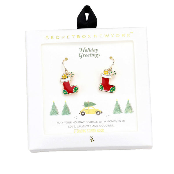 Secret Box Enamel Christmas Socks Sterling Silver Hook Earrings Christmas Earrings arrive in the cute gift box ready to give to your loved one. Embrace into the Christmas spirit with these adorable holiday earrings, add cheer to your ears, Perfect Gift December Birthday, Christmas, Stocking Stuffer, Secret Santa, etc