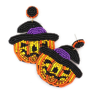 Seed Bead Witch Hat Pumpkin Earrings Halloween Earrings Seed Bead Witch Hat Jack O’ Lantern Earrings Halloween Statement Earrings