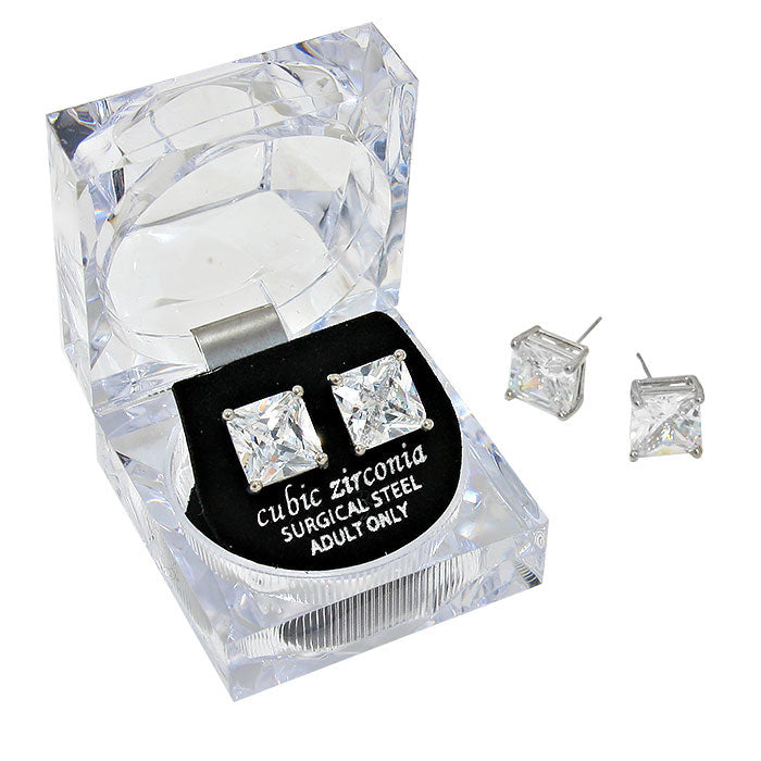 Gold 10 mm Square Crystal Cubic Zirconia CZ Stud Earrings with Clear Box. Look like the ultimate fashionista with these Earrings! Add something special to your outfit this Valentine! special It will be your new favorite accessory. Perfect Birthday Gift, Anniversary Gift, Mother's Day Gift, Graduation Gift, Valentine's Day Gift.