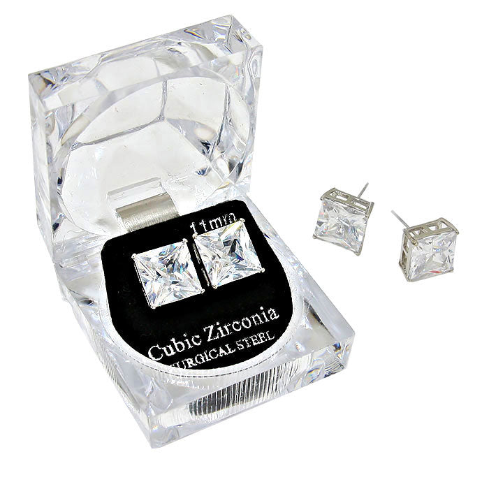 Silver 11 mm Square Crystal Cubic Zirconia CZ Stud Earrings with Clear Box. Beautifully crafted design adds a gorgeous glow to any outfit. Jewelry that fits your lifestyle! Perfect Birthday Gift, Anniversary Gift, Mother's Day Gift, Graduation Gift, Prom Jewelry, Just Because Gift, Thank you Gift, Valentine's Day Gift.