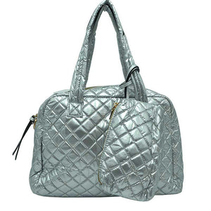 Silver 2 N 1 Large Quilted Tote Bag With Pouch, has plenty of room to carry all your handy items with ease. It also comes with a removable insert bag that doubles as lining to the bag or can be removed and worn as a shoulder bag. Trendy and beautiful bag that amps up your outlook while carrying. Great for different activities including quick getaways, long weekends, picnics, beach, or even going to the gym! Easy to carry with you in your hands or around your shoulders.