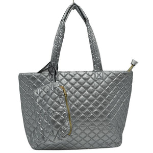 Silver 2 N 1 Large Quilted Zipper Tote With Pouch, has plenty of room to carry all your handy items with ease. It also comes with a removable insert bag that doubles as lining to the bag or can be removed and worn as a shoulder bag. Great for different activities including quick getaways, long weekends, picnics, beach, or even going to the gym! Easy to carry with you in your hands or around your shoulders. This 2 in 1 tote bag is just what the boss lady needs! Stay comfortable.