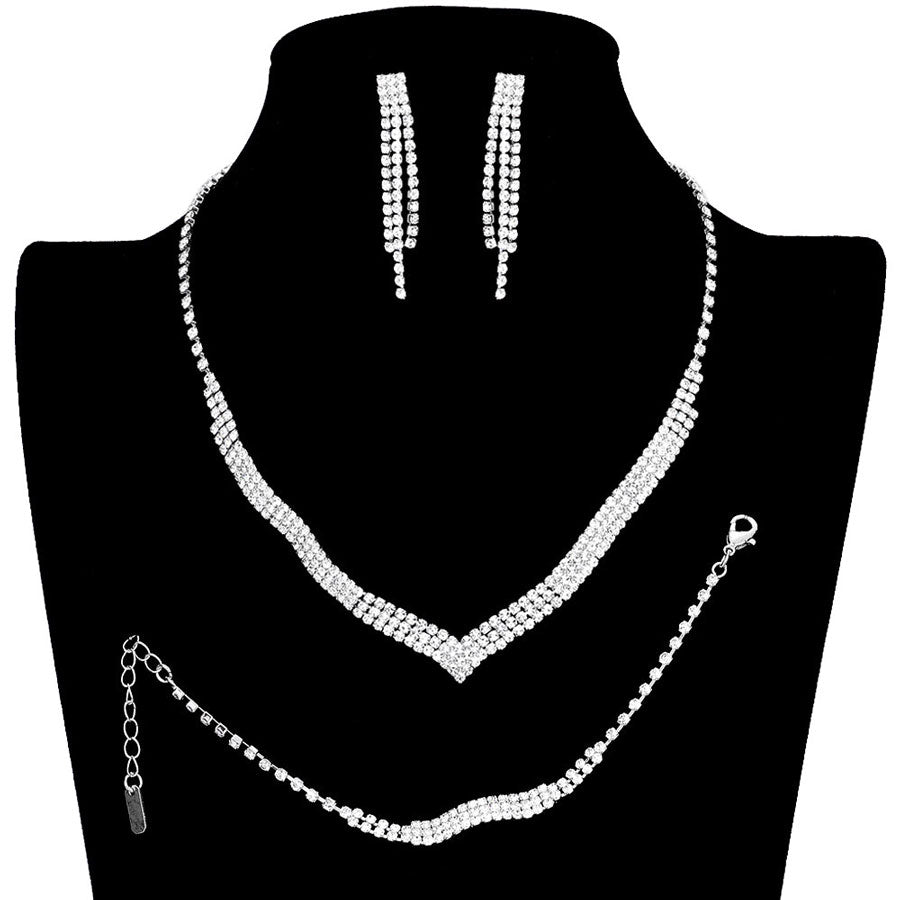 Silver 3PCS 3Rows Crystal Rhinestone Necklace Jewelry Set. These gorgeous Rhinestone pieces will show your class in any special occasion. The elegance of these Crystal goes unmatched, great for wearing at a party! . Perfect for adding just the right amount of glamour and sophistication to important occasions. These classy necklaces are perfect for Party, Wedding and Evening. Awesome gift for birthday, Anniversary, Valentine’s Day or any special occasion.