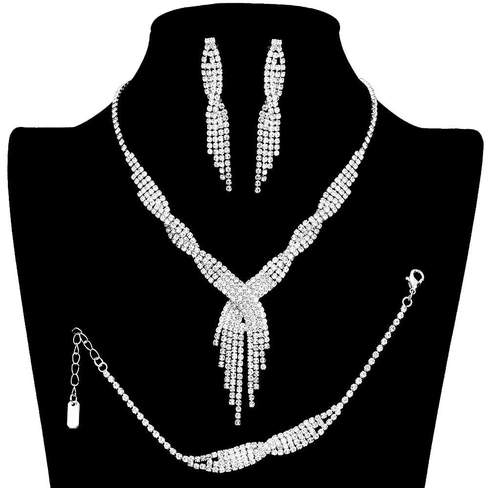 Gold 3PCS Rhinestone Crystal Fringe Necklace Jewelry Set, These gorgeous Rhinestone 3 pieces jewelry will show your class on any special occasion. The elegance of these rhinestones goes unmatched, great for wearing at a party! Perfect for adding just the right amount of glamour and sophistication to important occasions. These classy fringe themed necklaces are perfect for parties, Weddings, and Evenings. Awesome gift for birthdays, anniversaries, Valentine’s Day, or any special occasion.