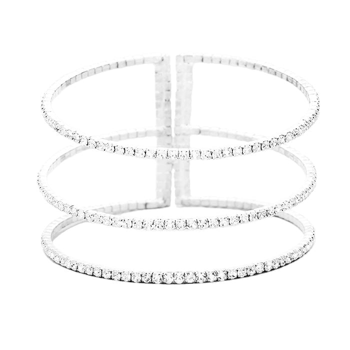 Silver 3Row Split Layer Round Crystal Detail Cuff Evening Bracelet, is an awesome evening bracelet to enlighten your outfit on special occasions and make you feel absolutely special. It adds a pop of pretty color to enrich your look. Coordinate with any outfit for a special occasion to make you absolutely gorgeous and make yourself stand out from the crowd. This is the jewelry that you need to show off to attract the crowd on a special occasion and make the moments memorable!