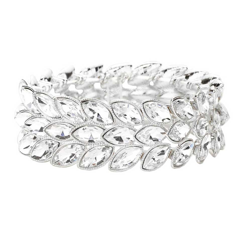 Gold 3Rows Marquise Stone Cluster Stretch Evening Bracelet, This Marquise Stretch Bracelet sparkles all around with it's surrounding round stones, stylish stretch bracelet that is easy to put on, take off and comfortable to wear. It looks modern and is just the right touch to set off LBD. Perfect jewelry to enhance your look. Awesome gift for birthday, Anniversary, Valentine’s Day or any special occasion.