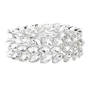 Silver 3Rows Marquise Stone Cluster Stretch Evening Bracelet, This Marquise Stretch Bracelet sparkles all around with it's surrounding round stones, stylish stretch bracelet that is easy to put on, take off and comfortable to wear. It looks modern and is just the right touch to set off LBD. Perfect jewelry to enhance your look. Awesome gift for birthday, Anniversary, Valentine’s Day or any special occasion.