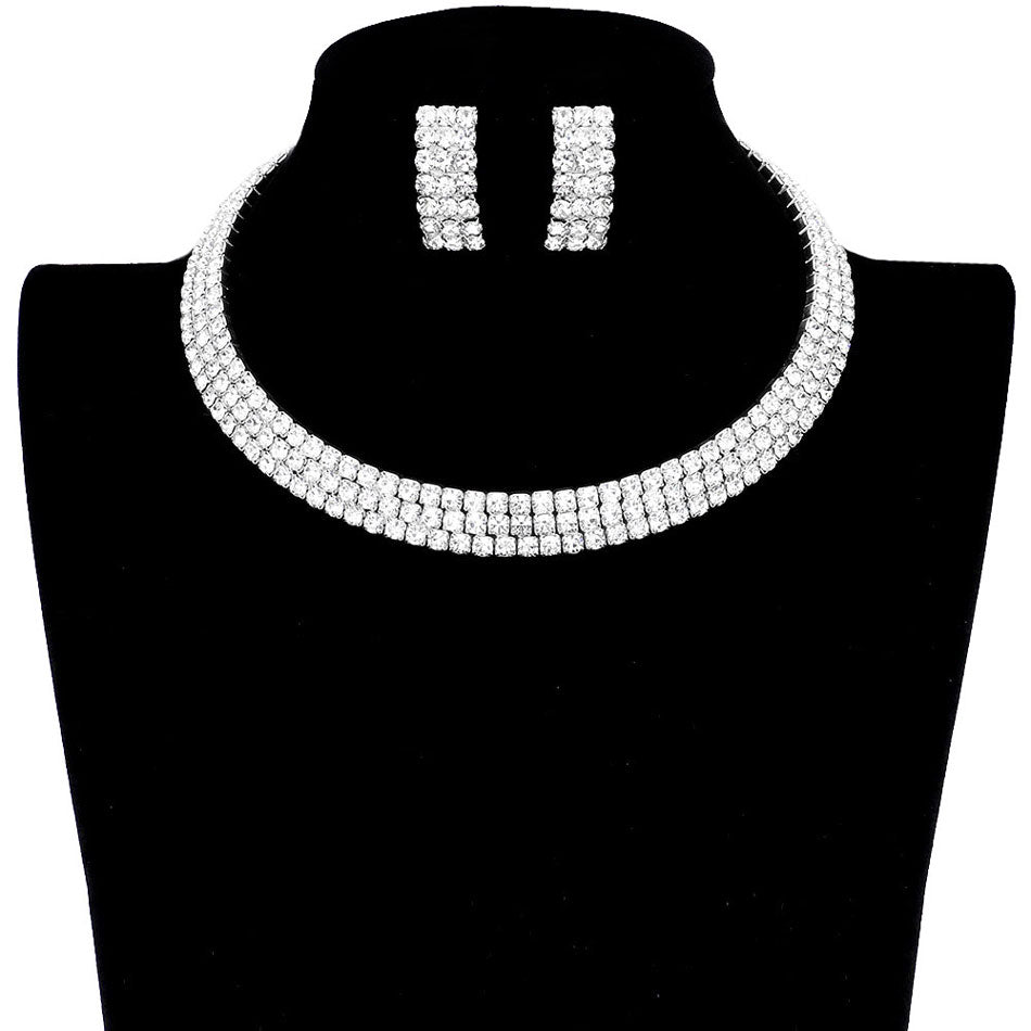 Silver 3Rows Rhinestone Open Choker Necklace. The elegance of these necklace goes unmatched, great for wearing at a party! Designed to accent the neckline, a fashion faithful, adds a gorgeous stylish glow to any outfit style, jewelry that fits your lifestyle! Fabulous gift, ideal for your loved one or yourself.