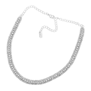 Silver 3Rows Rhinestone Pave Choker Necklace, These gorgeous rhinestone jewelry sets will show your class on any special occasion. The elegance of this crystal necklace goes unmatched, great for wearing at a party! Perfect for adding just the right amount of shimmer & shine and a touch of class everywhere. Stunning jewelry set will sparkle all night long making you shine like a diamond.