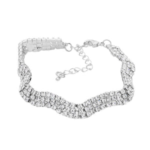 Silver 3Rows Rhinestone Wavy Evening Bracelet. This Rhinestone Evening Bracelet sparkles all around with it's surrounding round stones, stylish stretch bracelet that is easy to put on, take off and comfortable to wear. It looks modern and is just the right touch to set off LBD. Perfect jewelry to enhance your look. Awesome gift for birthday, Anniversary, Valentine’s Day or any special occasion.