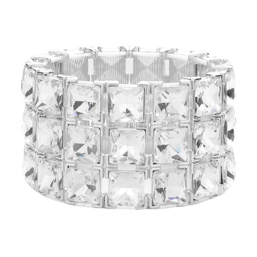 Silver 3Rows Square Stone Stretch Evening Bracelet, Get ready with this stretchable Bracelet and put on a pop of color to complete your ensemble. Perfect for adding just the right amount of shimmer & shine and a touch of class to special events. Wear with different outfits to add perfect luxe and class with incomparable beauty. Just what you need to update in your wardrobe.